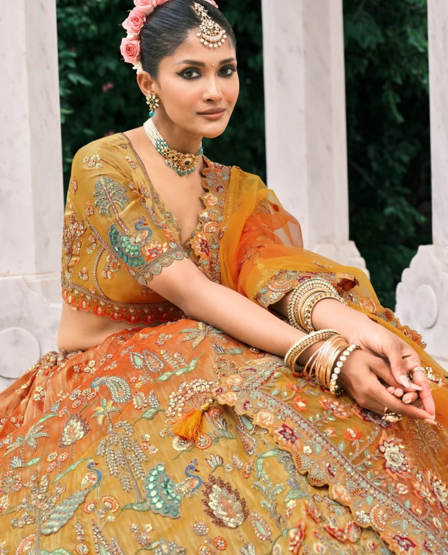 Orange - Cadmium Orange Fancy Silk Lehenga Choli With Cut Work Embroidery Border & Stone Work